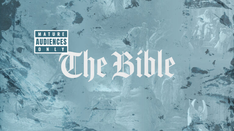 Promotional graphic for the sermon series "Mature Audiences Only: The Bible" featuring a blue-toned collage of classical biblical artwork with the series title in prominent white Gothic script.
