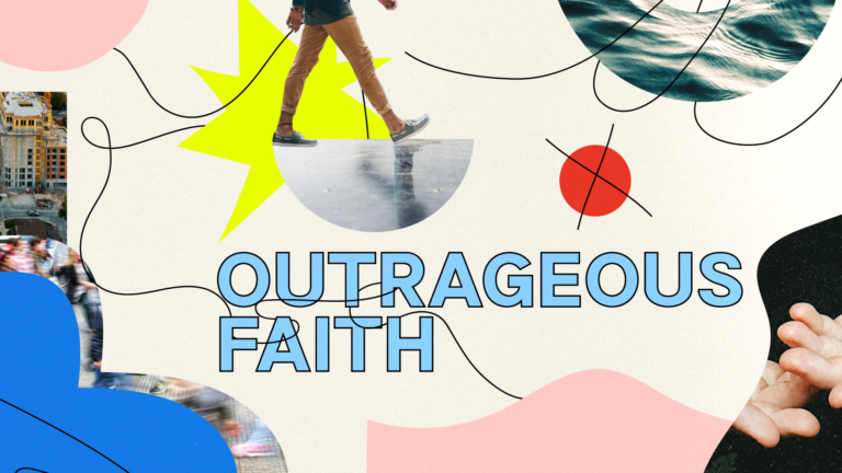 Colorful graphic with abstract shapes, a person walking, and the words 'Outrageous Faith' in large, bold letters. This image represents the sermon series by Madison Church on developing a Gospel-shaped worldview.